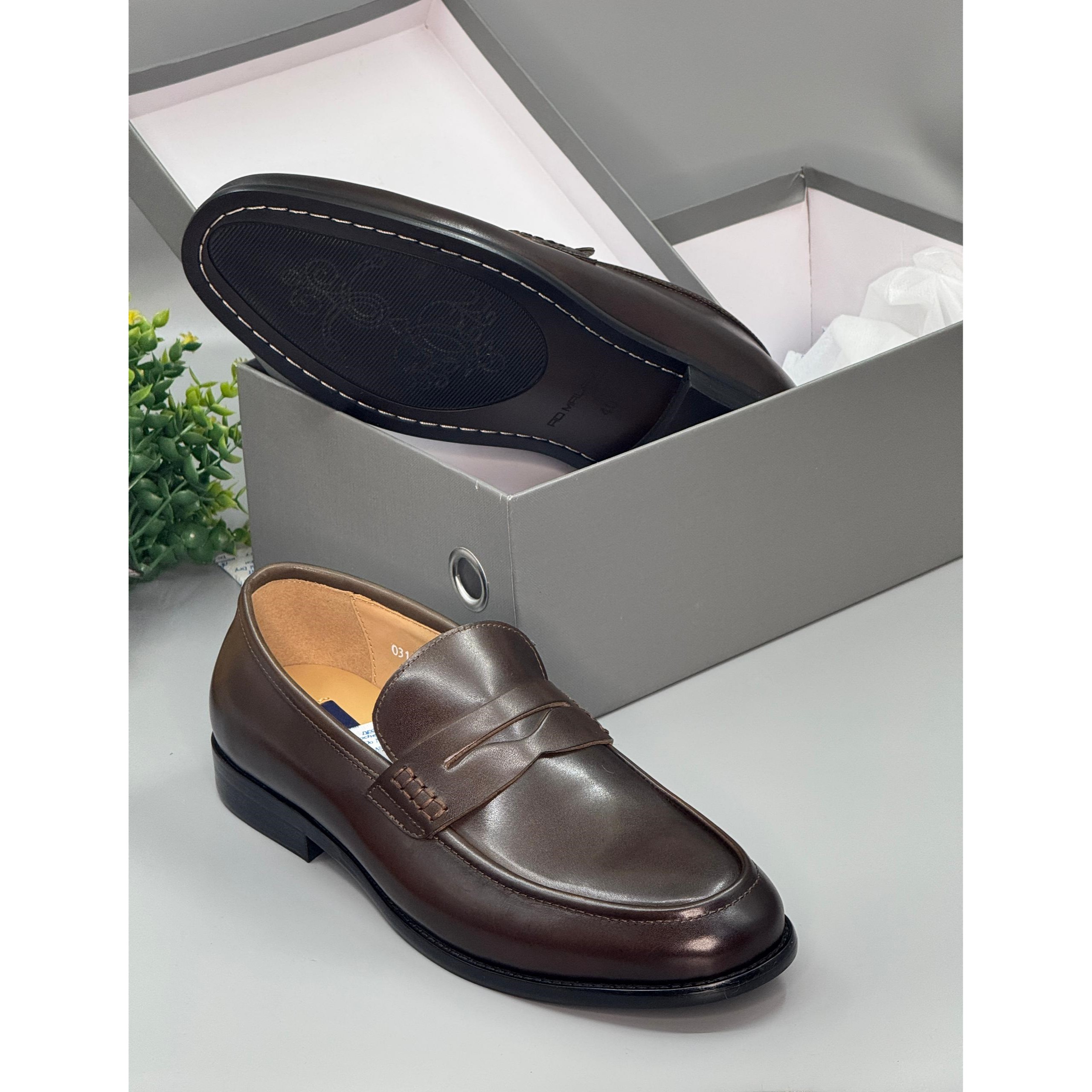 AD Maurizio Coffee Brown Plain Leather Loafer Shoe