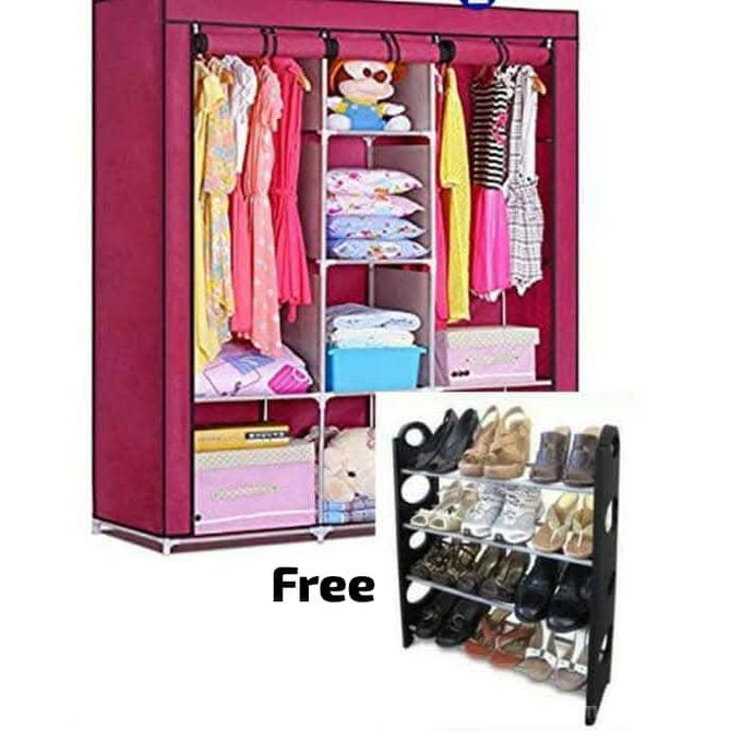 3-Cmpartment Foldable Wardrobe Fabric Cover With Free Shoe Rack - Pink/Black