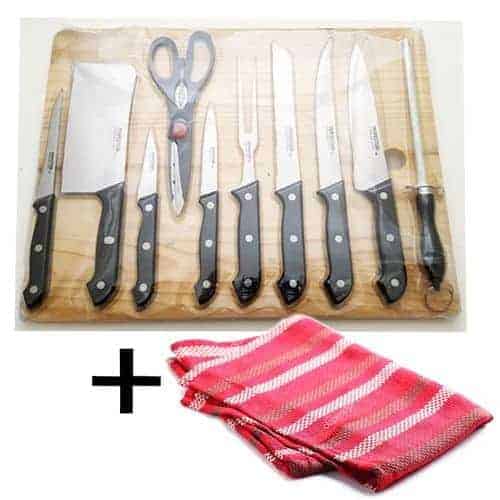 Knife Set with Wooden Chopping Board – 11 Pieces + Napkin