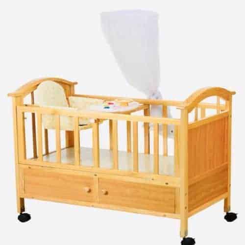 Wooden Baby Cot With Drawers and Net - 3-In-1 - Brown