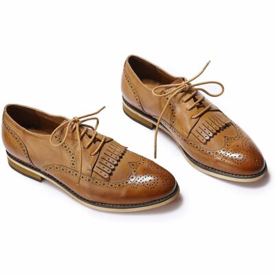 Mona Flying Women Leather Perforated Lace-up Hand-made Oxfords Brogue Wingtip Derby Saddle Shoes for Girls ladies Womens B098-2