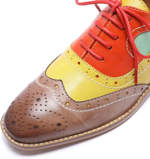 Mona Flying Women Leather Mixed Colors Perforated Lace Up Oxfords Brogues Wingtips Saddle Shoes for Work Ladies 2020 New FLX19-1