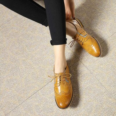 Mona Flying Women Premium Leather Oxfords Shoes Hand-made Dress Lace-up Block Wingtips for Ladies Girls 2021 New FLX18-20