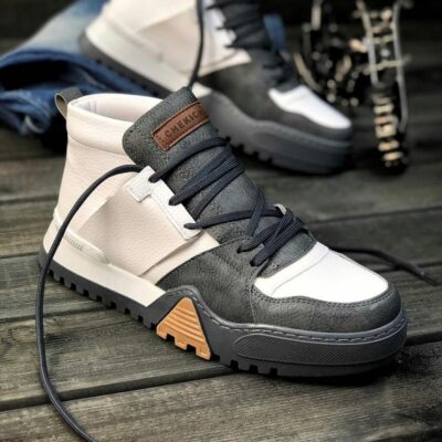 Chekich Artificial Leather Shoes for Men White Anthracite Mixed Colors Lace Up Spring and Autumn Gray