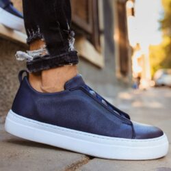 Chekich Men Sneakers Navy Blue Non Leather Banded Casual  Fashion Wedding Odorless Slip On White