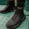 Chekich Men s Boots Black Color Artificial Leather Lace Up Spring and Autumn Seasons Sneakers Comfortable