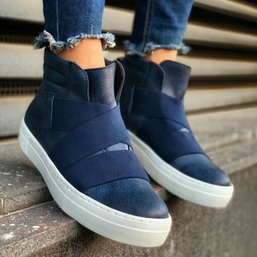 Chekich Men s Boots Navy Blue Faux Leather Elastic Band Closure Spring Autumn Seasons High Quality