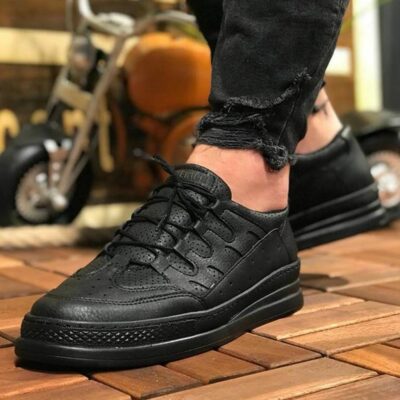 Chekich Men s Casual Shoes Full Black Color Faux Leather Lace Up Business Fashion Orthopedic Breathable