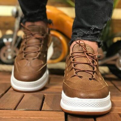 Chekich Men s Casual Shoes Tan Color Faux Leather Lace Up Brown Spring and Autumn Seasons