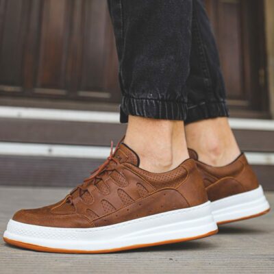 Chekich Men s Casual Shoes Tan Color Faux Leather Lace Up Brown Spring and Autumn Seasons