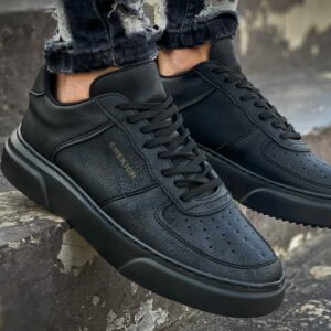 Chekich Men s Shoes Black Color Artificial Leather Lace Up Fall Season Sneakers Casual Comfortable