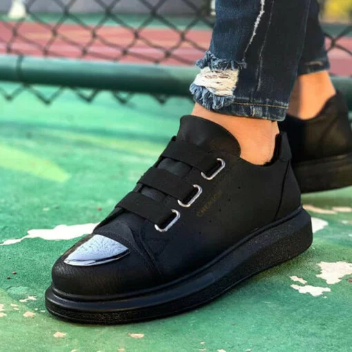 Chekich Men s Shoes Black Color Elastic Band Closure Artificial Leather Spring and Fall Seasons Slip