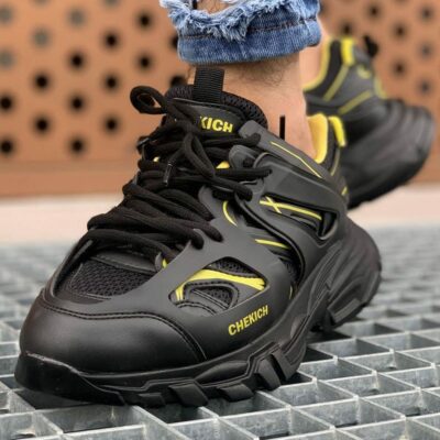 Chekich Men s Shoes Black Yellow Sneakers Artificial Leather Spring Fall Seasons Laces Mixed Color Training