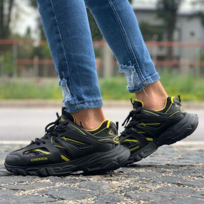 Chekich Men s Shoes Black Yellow Sneakers Artificial Leather Spring Fall Seasons Laces Mixed Color Training