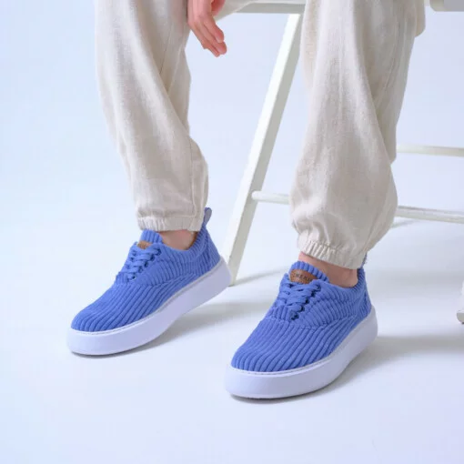 Chekich Men s Shoes Blue Color Lace up Closure Knitting Fabric Material Quality High White Sole