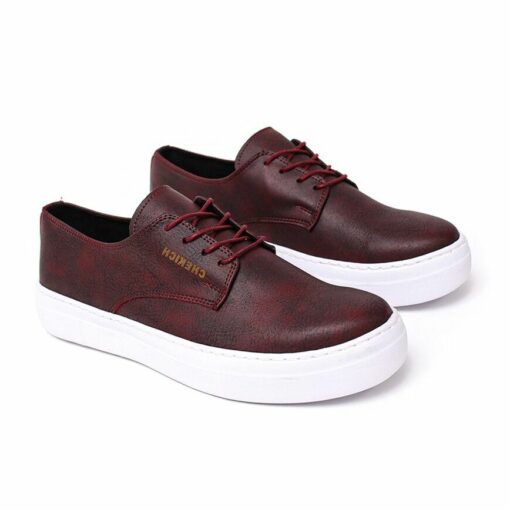 Chekich Men s Shoes Claret Red Faux Leather Laced Summer Season Sneakers Casual High Outsole Comfortable