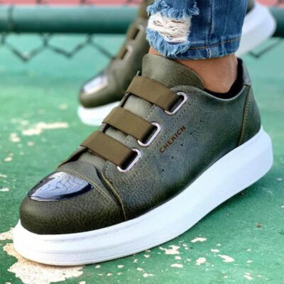 Chekich Men s Shoes Khaki Color Elastic Band Closure Artificial Leather Spring and Autumn Seasons Slip
