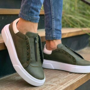 Chekich Men s Shoes Khaki and White Artificial Leather Zipper Closure Mixed Color Sneakers For Autumn