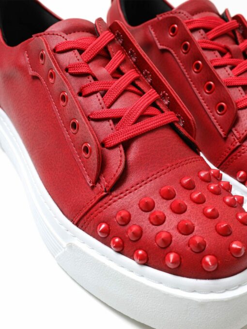 Chekich Men s Shoes Red White Color Lace up Faux Leather Staple Decor Stitched Sole Odorless