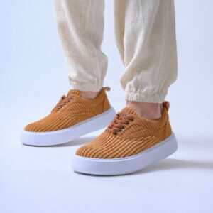 Chekich Men s Shoes Tan Color High White Sole Lace Up Knitting Fabric Material Daily Casual