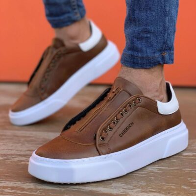 Chekich Men s Shoes Tan and White Sneakers Artificial Leather Spring Fall  Season Zipper Casual