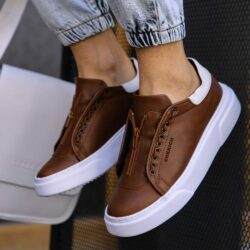 Chekich Men s Shoes Tan and White Sneakers Artificial Leather Spring Fall  Season Zipper Casual