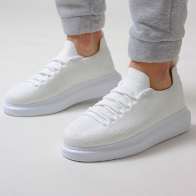 Chekich Men s Shoes White Color Sneakers Knitted Fabric Material Lace Up Stitched White Sole Breathable