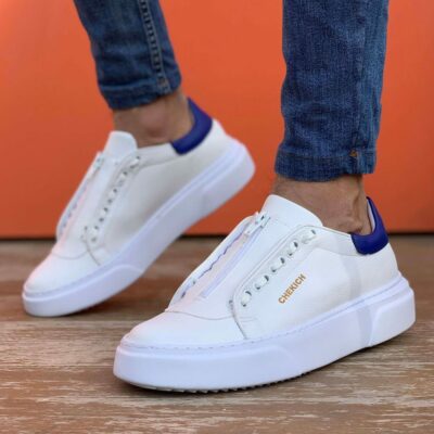 Chekich Men s Shoes White and Navy Blue Faux Leather Zipper Closure Mixed Color Sneakers For