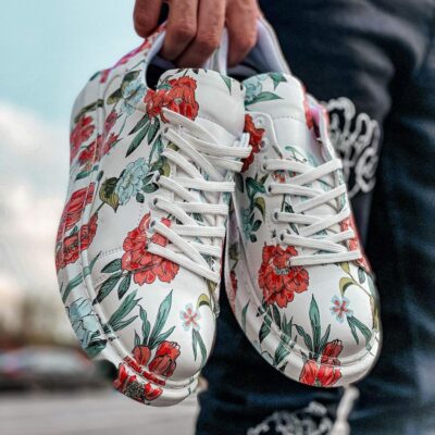 Chekich Men s Women s Shoes Floral Pattern on White Faux Leather Mixed Color Lace Up