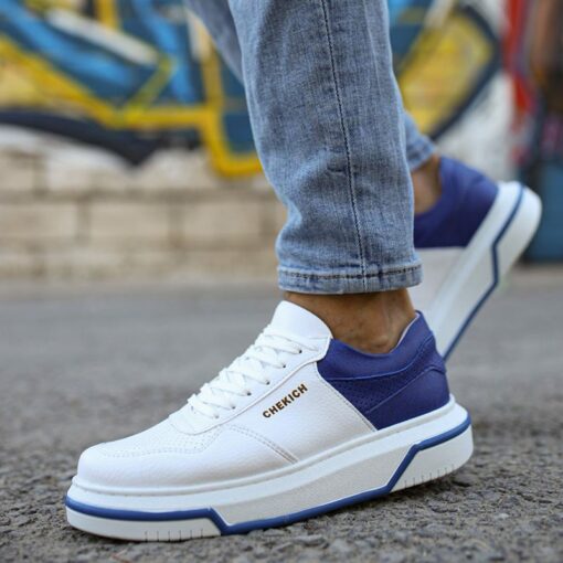 Chekich Men s Women s Shoes White and Navy Blue Artificial Leather Mixed Color Laces Summer