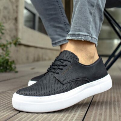 Chekich Men s and Women s Casual Shoes Black Color Faux Leather Lace Up Spring Autumn