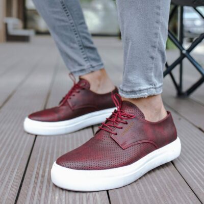 Chekich Men s and Women s Casual Shoes Claret Red Color Artificial Leather Lace Up Spring