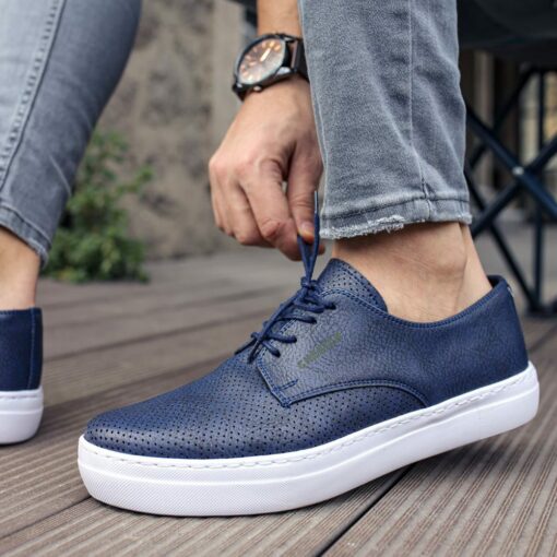 Chekich Men s and Women s Casual Shoes Navy Blue Color Artificial Leather Lace Up Summer