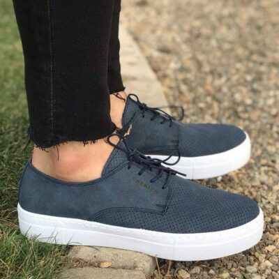 Chekich Men s and Women s Casual Shoes Navy Blue Color Artificial Leather Lace Up Summer