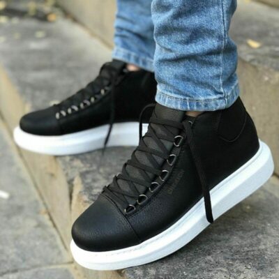 Chekich Men s and Women s Shoes Black Artificial Leather Lace Up Unisex Sneakers Comfortable Flexible