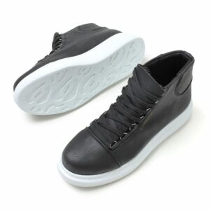 Chekich Men s and Women s Shoes Black Artificial Leather Lace Up Unisex Sneakers Comfortable Flexible