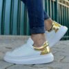 Chekich Men s and Women s Shoes White Golden Color on Back Artificial Leather Lace Up