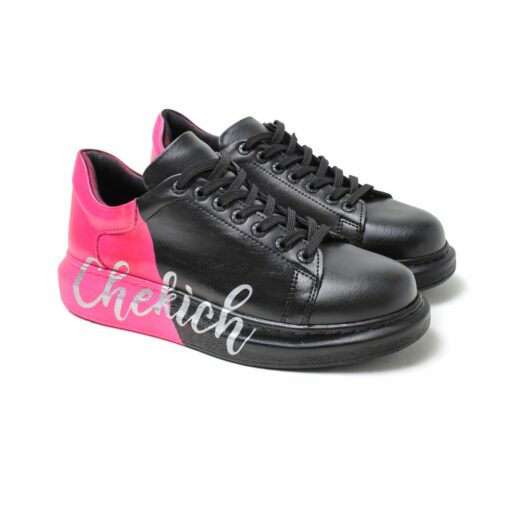 Chekich Men s and Women s Sneakers Black Pink Mixed Color Written Lace up Splash Pattern