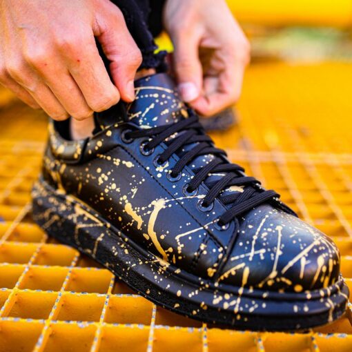 Chekich Men s and Women s Sneakers Black Yellow Mixed Color Written Lace up Splash Pattern