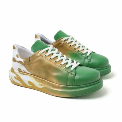 Chekich Men s and Women s Sneakers Green Yellow Flame Mixed Color Written Lace up Splash