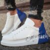 Chekich Men s and Women s Sneakers White Blue Mixed Color Written Lace up Splash Pattern