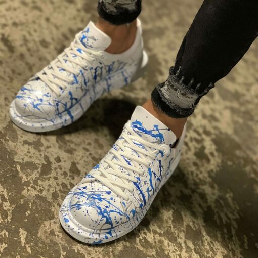 Chekich Men s and Women s Sneakers White Blue Spray Mixed Color Written Lace up Splash