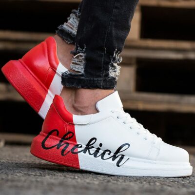 Chekich Men s and Women s Sneakers White Red Mixed Color Written Lace Up Splash Pattern