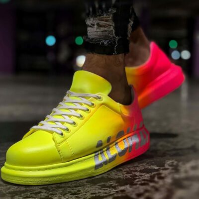 Chekich Men s and Women s Sneakers Yellow Pink Mixed Colors Written Lace up Splash Pattern