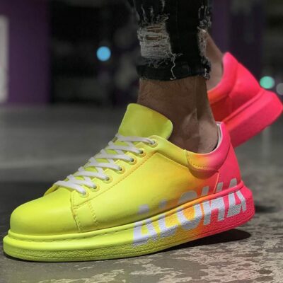 Chekich Men s and Women s Sneakers Yellow Pink Mixed Colors Written Lace up Splash Pattern