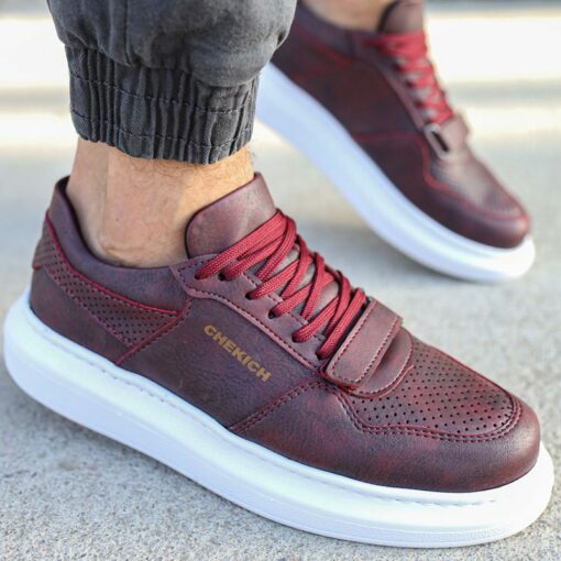 Chekich Shoes Claret Red Color Lace Up Faux Leather Spring and Autumn Seasons Sneakers for Men