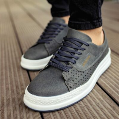 Chekich Shoes for Men s Anthracite Color Faux Leather Sneakers Lace Up Spring and Fall Seasons
