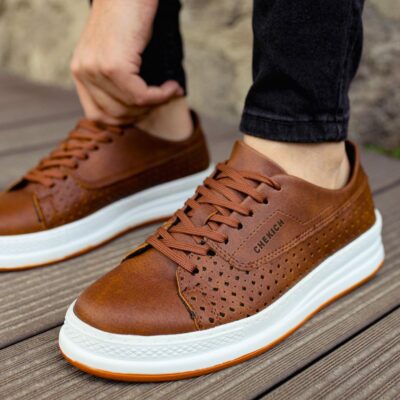 Chekich Shoes for Men s Tan Artificial Leather Sneakers Lace Up Spring and Autumn Seasons Casual