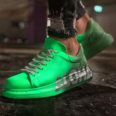Chekich Sneakers For Men and Women Neon Green Mixed Colors Texted Lace Up Splash Patterned Unisex