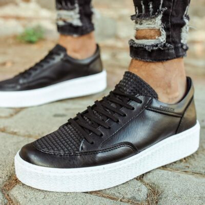 Chekich Sneakers for Men Black Artificial Leather Lace Up Lightweight Office Wedding Solid Color Casual Shoes